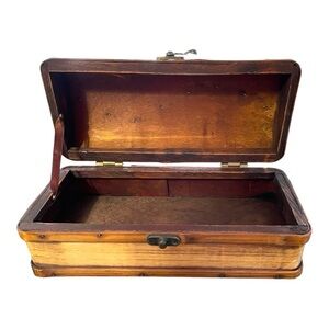 Vintage Golden Wooden Jewelry Box Swing Arm Latch MCM Swirl Hump Top Design.